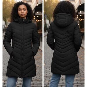 DKNY Hooded Puffer Jacket Puffer Long Coat  Women’ Size Small NWT